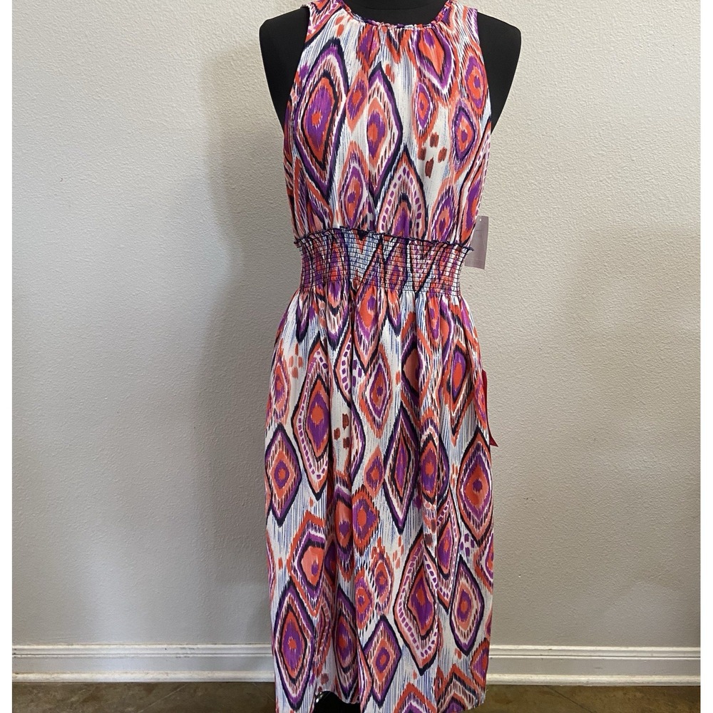 TRINA TURK Smocked Sleeveless Midi Dress Size  8‎ Chiffon Lined Sunset New